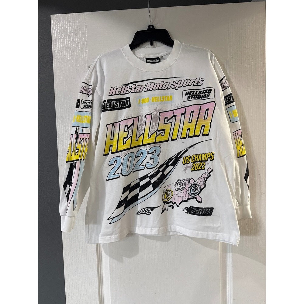 Hellstar Motorsports 2023 Long Sleeve T-Shirt White Graphic Racing Tee Medium